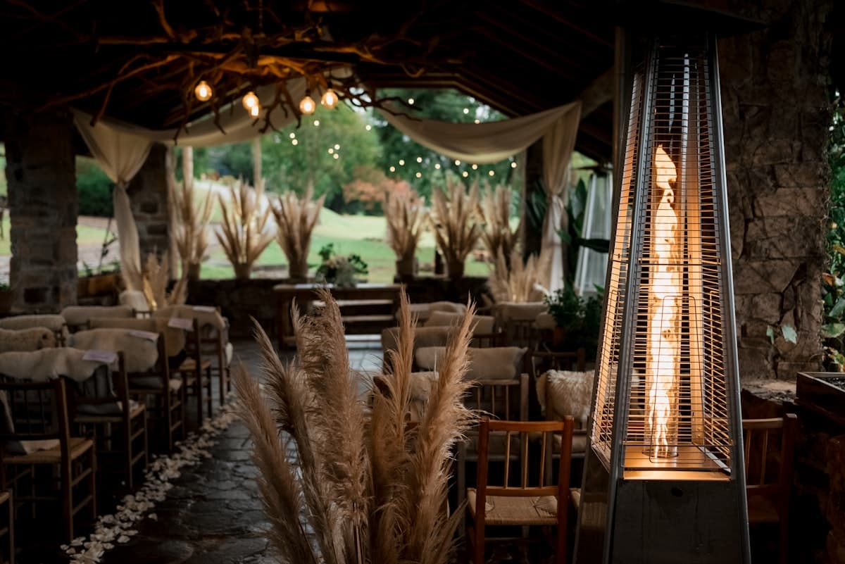 String lights over an evening reception